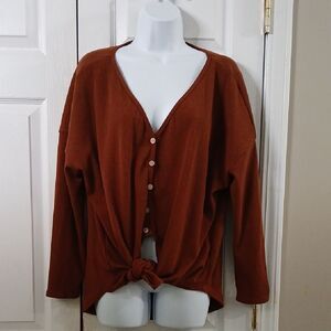 Fashion Nova brown ribbed high low tie front faux button front top Sz L NWOT